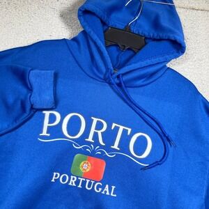 Porto Portugal Hoodie Mens 2XL Blue Souvenir Graphic Pullover Fleece Sweatshirt